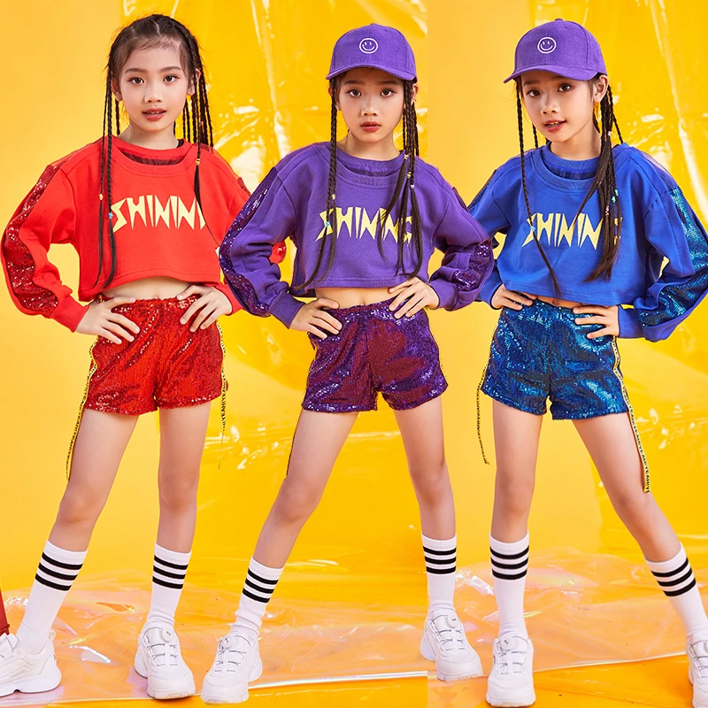 

2019 New Hip Hop Costumes For Girls Sequined Long-Sleeved Shirt Shorts Cheerleader Costume Kids Jazz Performance Wear Children