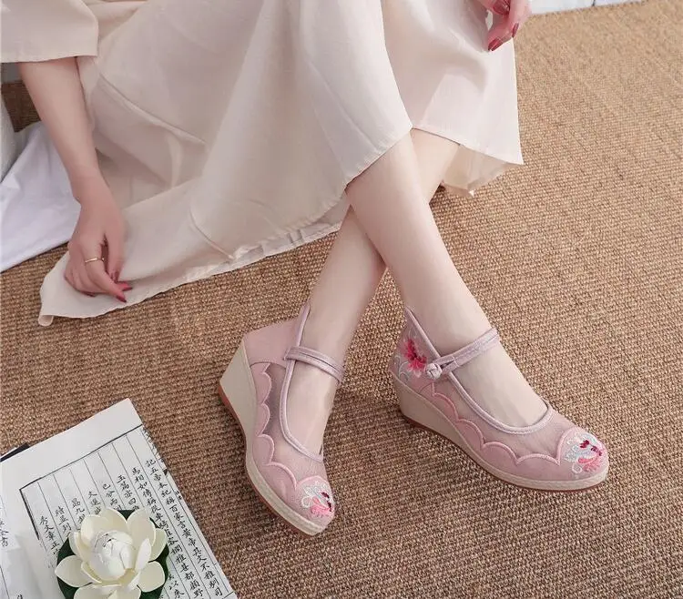 Air Mesh Wedge Pumps for Ladies 2021 Summer Women Shoes обувь для женщин летняя Ethnic Embroidered Ankle Strap Female Sandals