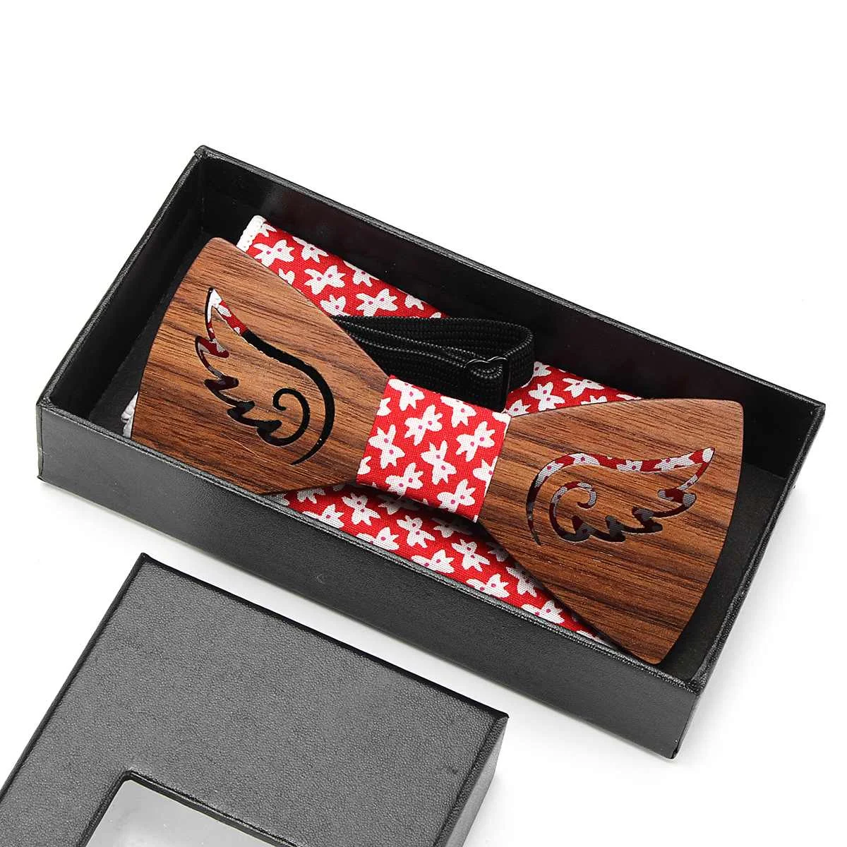  Wood Tie brooch Handkerchief Set Men's Bowtie Wood Hollow carved cut out Wings design + Gift Box Fa