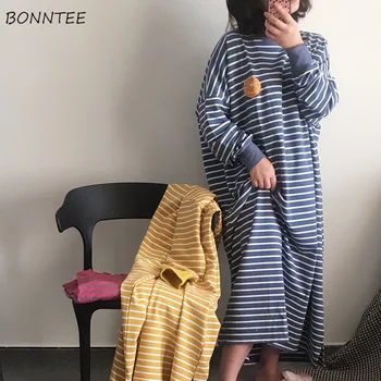 

Sleepshirts Women Long Sleeve Striped Comfortable Casual Lovely Sweet Ulzzang Daily Mid-calf Womens Students Korean Style Modern