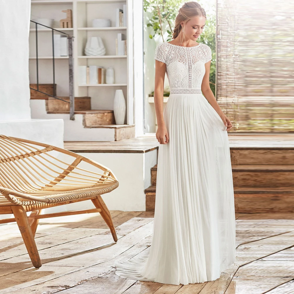 

Boho Chiffon Wedding Dresses Appliques Lace O-Neck Short Sleeve Open Back A-Line Bridal Gown Sweep Train Vestidos De Novia 2024