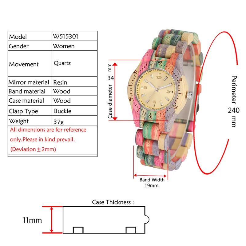 Colorful Natural Wood Women's Bamboo Wristwatch Lady Quartz Analog Watches Full Wooden Bracelet Clock Luminous Hands reloj