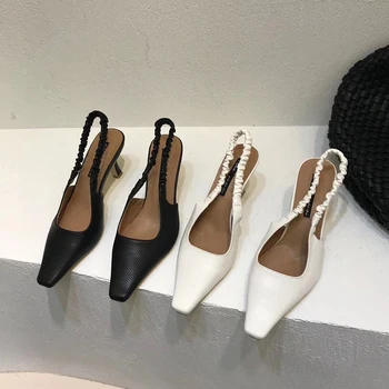 

2020 Summer Sandals For Women Square Toe Slip On Sandals Slingback Thin High Heels Sandals Pumps Solid Color Party White Shoes
