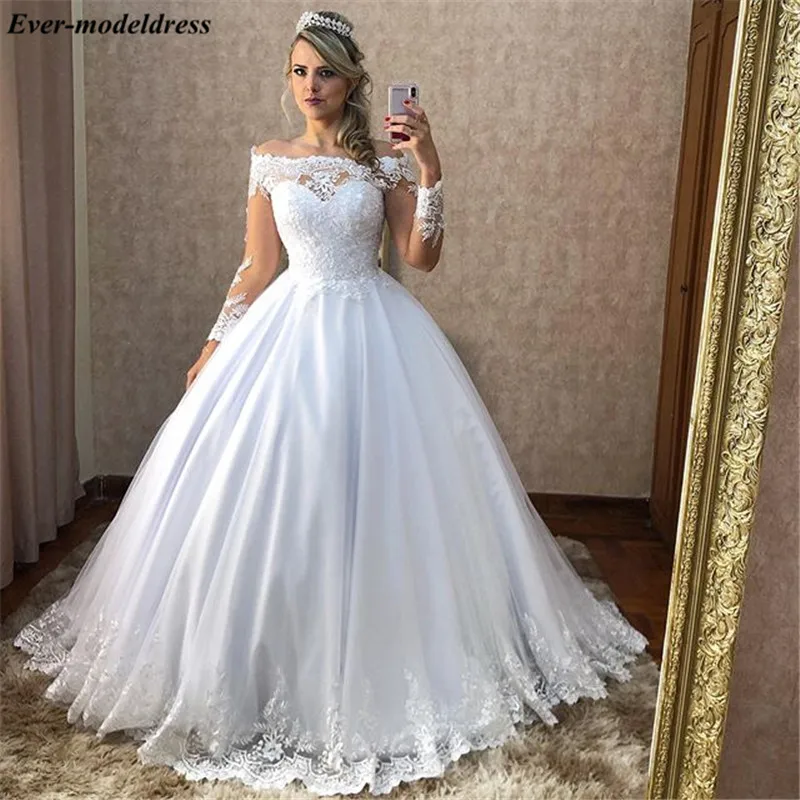 

2020 Modest Lace Wedding Dresses With Long Sleeves Off The Shoulder Appliques Illusion Garden Arabic Bridal Gowns Sweep Train