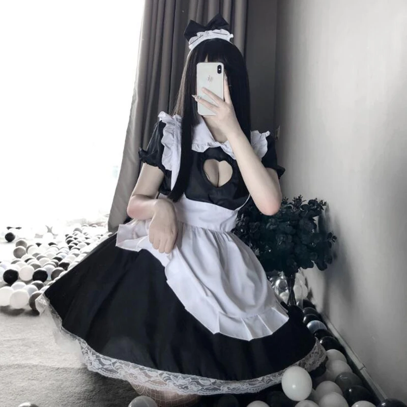 Lovely Maid Dress Anime Black White Apron Dress Girl Lolita Heart Hollowed Dresses Cafe Cosplay Costume Горничная Mucama