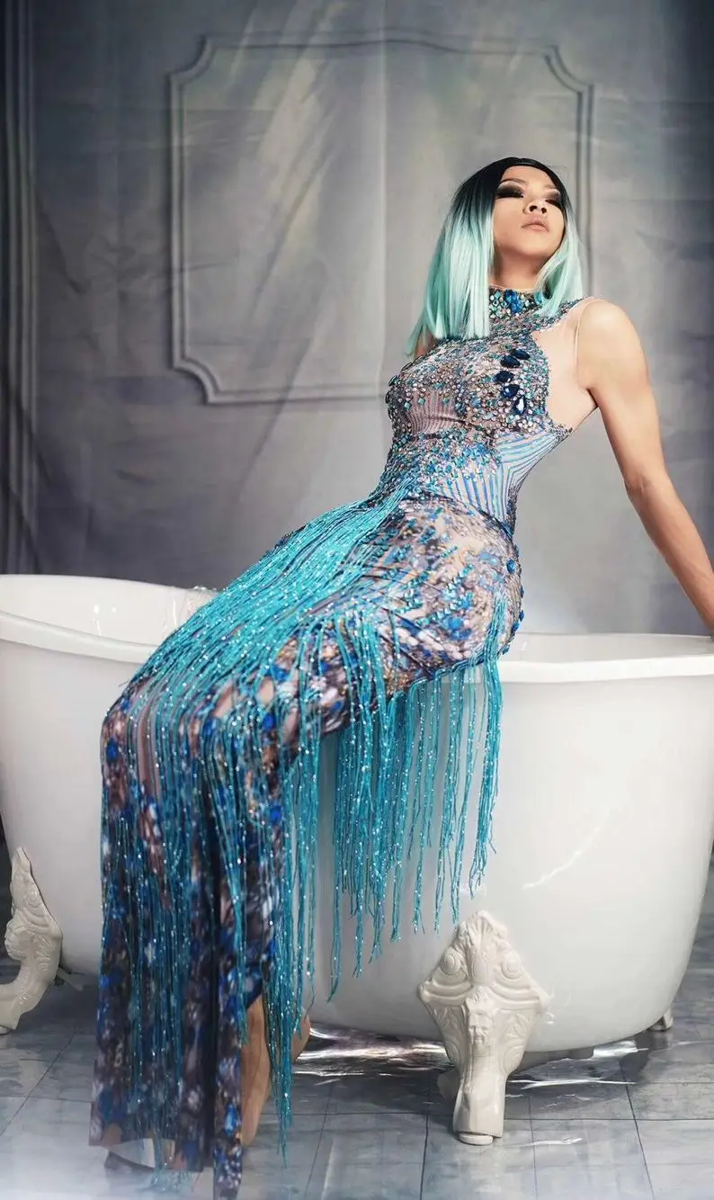 Высокая эластичность знаменитости Синий блестящий кисточкой длинное облегающее платье DJ Клубные вечерние танцевальный костюм