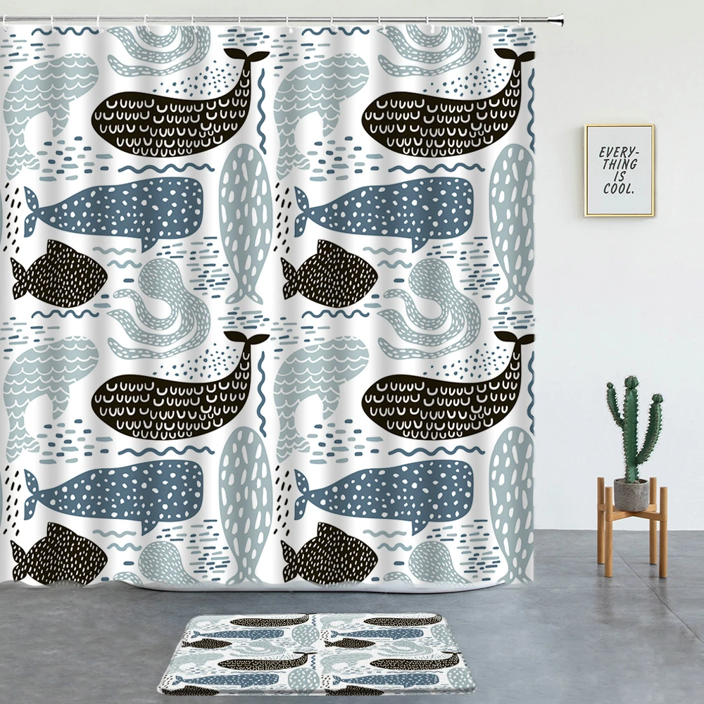 Juego de cortinas de ducha con estampado de ballena de dibujos animados, alfombrillas de baño, pantalla de baño, alfombra de de entrada, decoración de habitación infantil|Cortinas de ducha| AliExpress