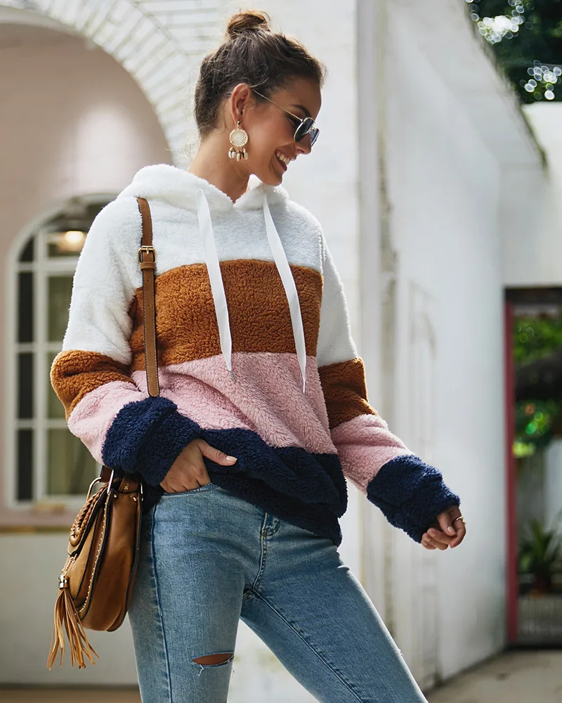 Women's Clothing Hot Winter Striped Splicing Wool Sweatshirt Tops