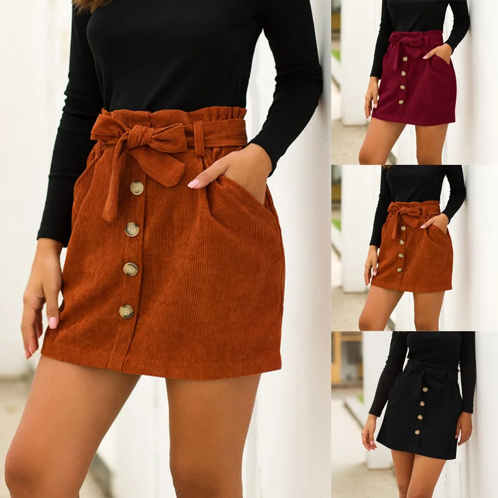 Women Fashion Corduroy Hight Waist Pocket Button Bow Skirt Elastic Short Skirt