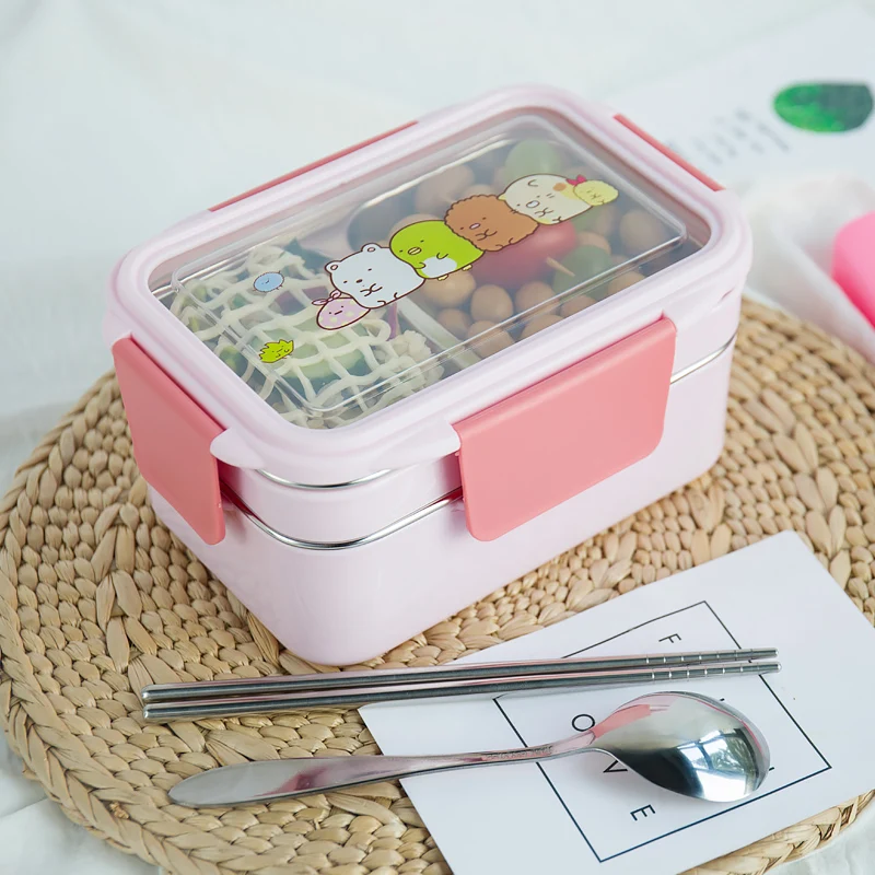 Розовый/синий/зеленый мультяшный Ланч-бокс, посуда из нержавеющей стали, портативный набор посуды из микрофибры, контейнер для еды