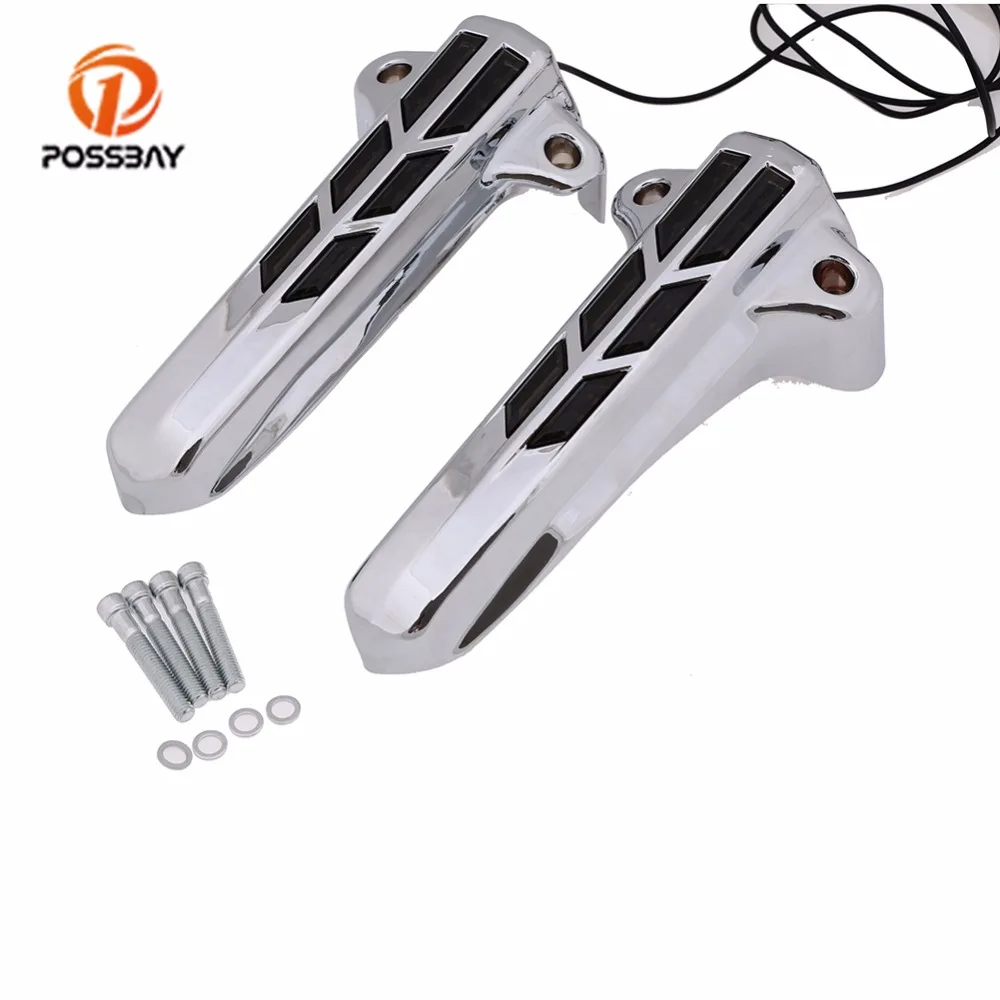 POSSBAY Sliver Motorcycle Front Lower Fork Leg Covers Red LED Case Turn Signal Light for 2014 and Later Harley Davidson FLHT |