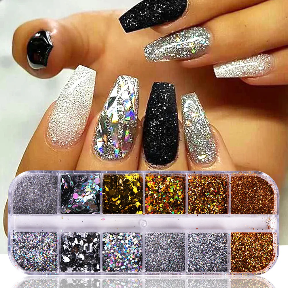 12 Grid/set Holographic Nail Glitter Powder Flakes Sequin Rose Gold Silver DIY Dipping for Acrylic Nails Tools | Красота и здоровье