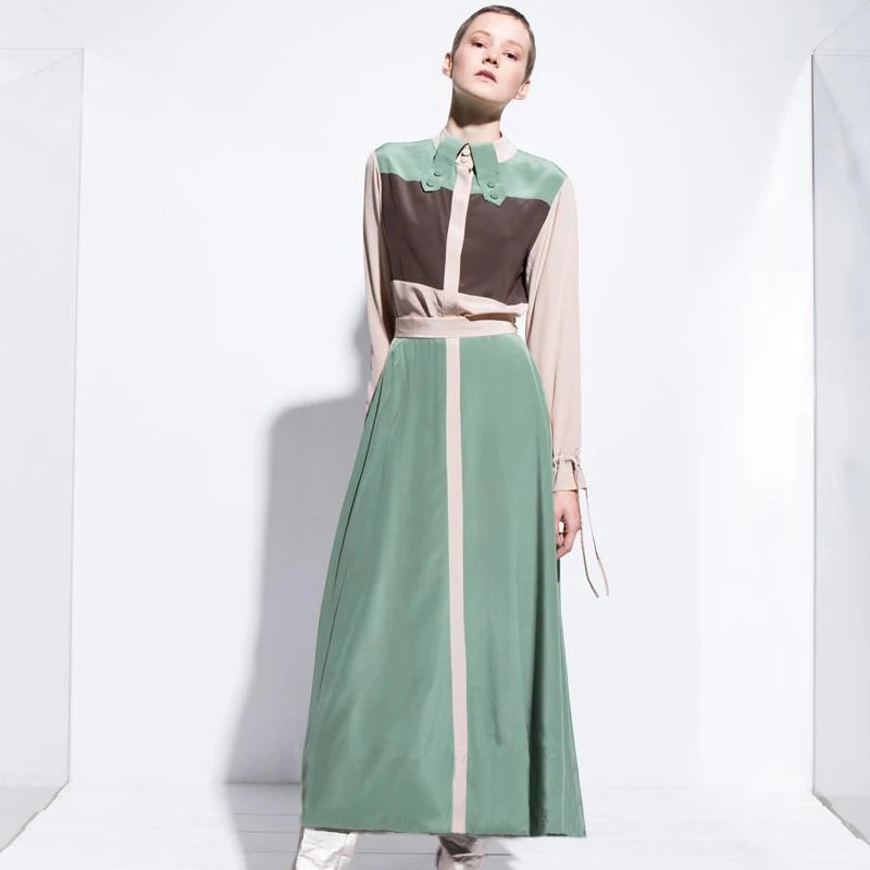 

Splicing Flared Sleeves Long Sleeve Single-Breasted Bow Retro Style Party Shirt Mid-Length Dress Women'S Spring And Summer