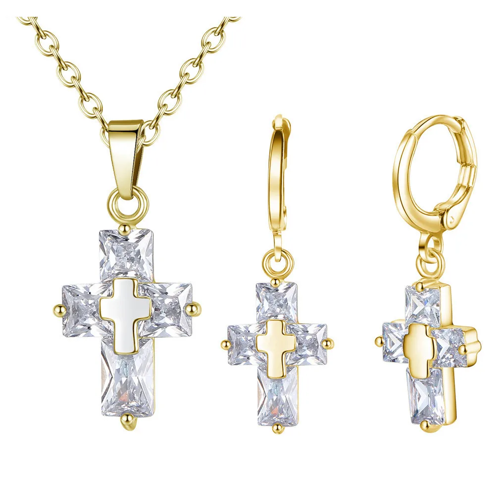 

Women Girls Zircon Cross With Crystal Rhinestone Earrings Necklaces Set Pendant Jewelry Sets