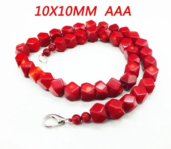 

Send lover gifts 10X10MM AAA Square -shape facet red coral necklace 18"
