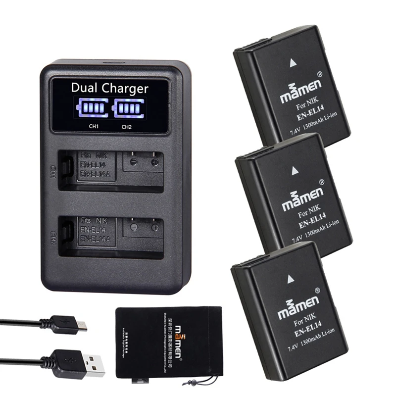 

ABHU-3Pcs EN-EL14 EN EL14 EN-EL14A ENEL14 EL14A Digital Camera Battery + LCD USB Dual Charger for Nikon D3100 D3200 D5300 D5100