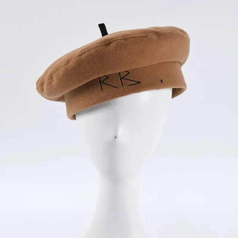 Korean Womens Autumn Faux Felt Beret Cap RB Letters Embroideyr Painter Navy Hat