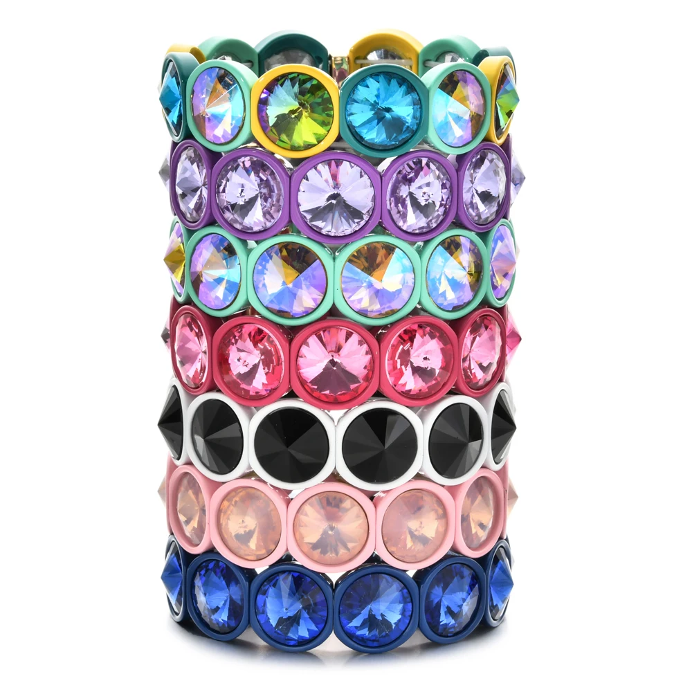 Handmade Multicolor Big Crystal Elastic Bracelet Enamel Stretch Glass Bangle Tile Bead Bracelet for Women Dark Vintage ZMZY