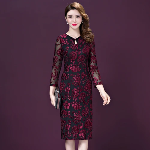 

2019 Spring Autumn New Style Retro Cheongsam Hollow Out Mother Fashion Simple Elegant Atmosphere Slim Women Dresses Plus Size