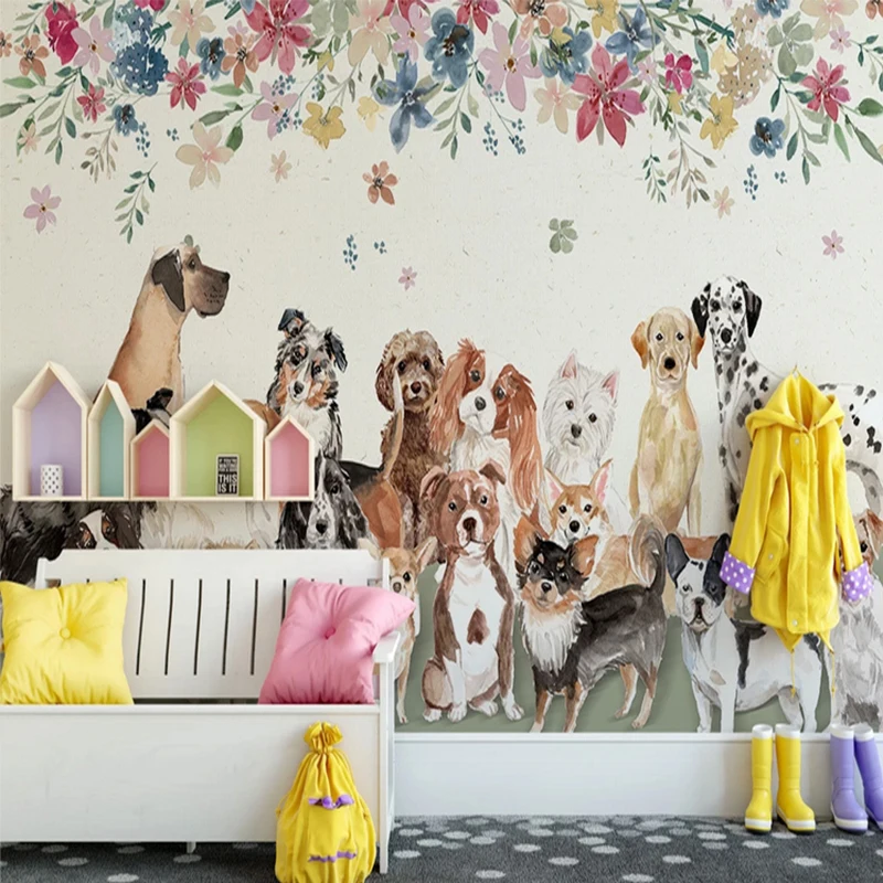 

Wallpapers Designs Home Decor Cute Puppies Dog Flower Children 3d Wall Mural Wallpaper