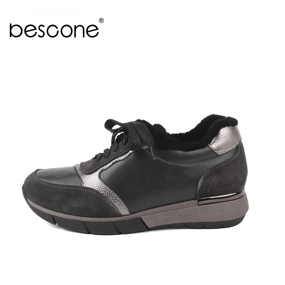 

BESCONE Women Fashion Sneakers Winter Basic Genuine Leather Flat Shoes Round Toe Mixed Colors Lace-up Trend Lady Sneakers BC454
