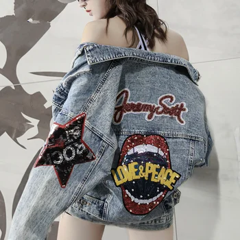 

harajuku BF denim jacket 2020 spring autumn women new loose korean short letter sequin cowboy jacket large size