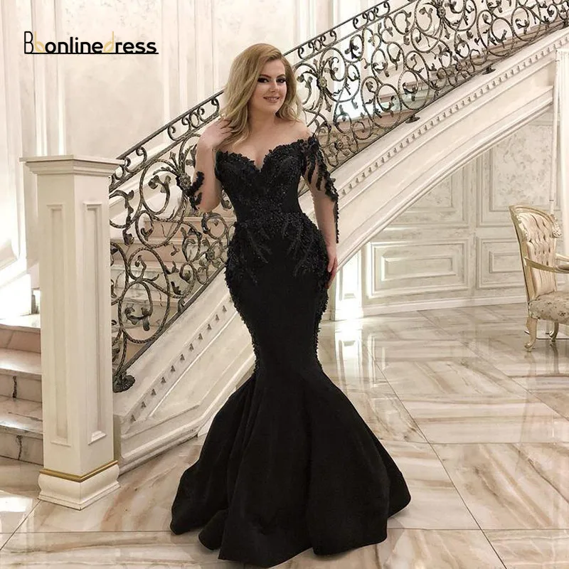 Black-Mermaid-Long-Sleeve-Mermaid-Evening-Dresses-Beaded-Saudi-Arabic-Sheer-Neck-Satin-Evening-Gown-Sweep