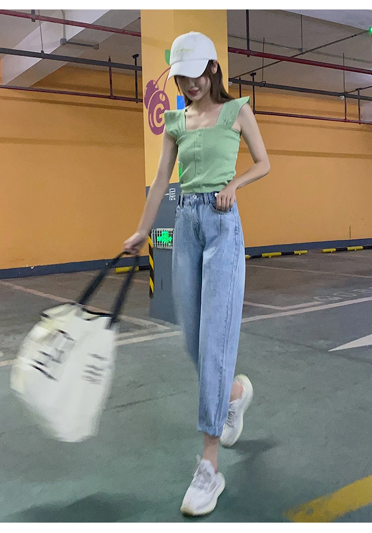 syiwidii high waist jeans woman 2020 new casual fashion skyblue Harem Pants street style women street style Spliced mom jeans