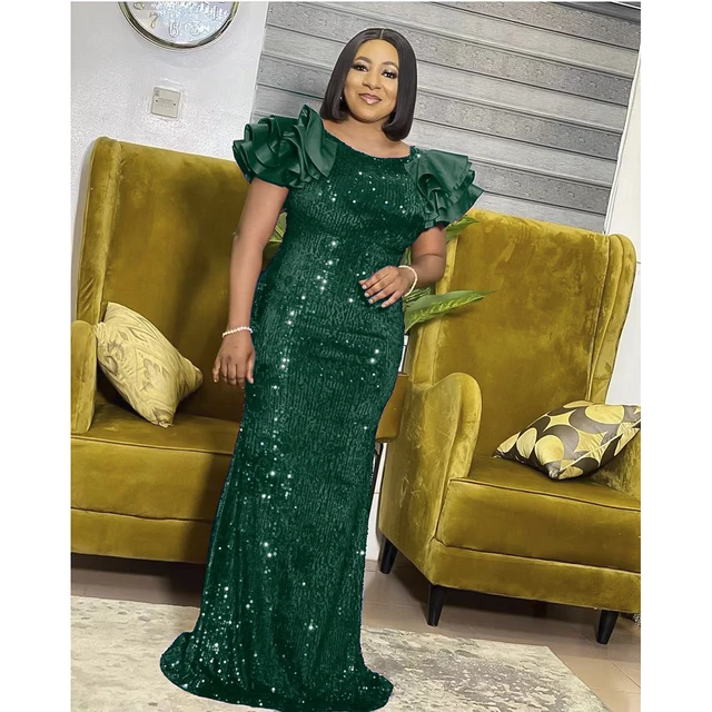 Adeola Ruffle Short Sleeve Sequin Long Dress