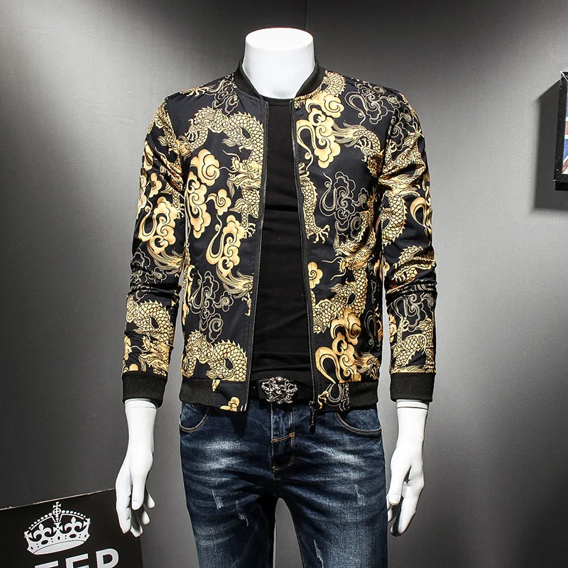 

Dragon Gold Print Spring Autumn Jacket Hip Hop Fashion Prom Party Club Outfit Men Vintage Jacket Men Bomber Oversize 5xl