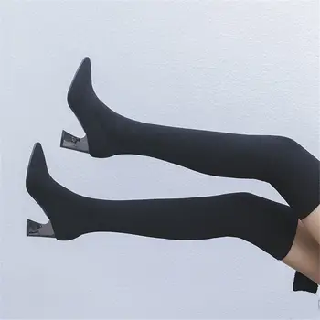 

Female Boots Knitting Comfy Hoof Heels Pointed Toe Slip-On Sewing Winter Shoes Woman Over The Knee High Boots sock boots
