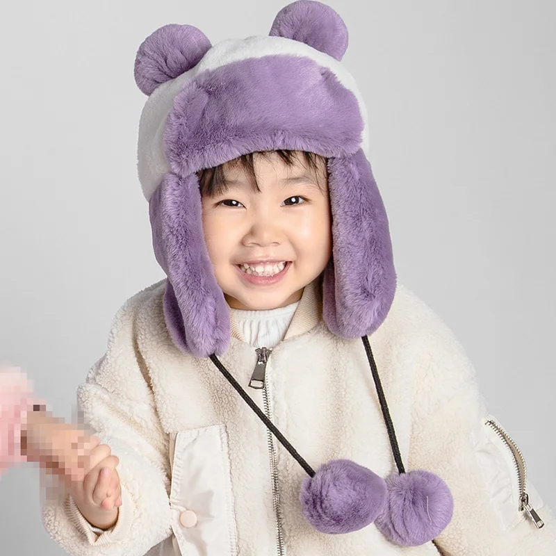 Новая детская шапка из искусственного меха, меховая шапка Lei Feng, теплая белая шапка, зимняя шапка, защищающая уши, шапка, зимняя плюшевая шапка - Цвет: Фиолетовый