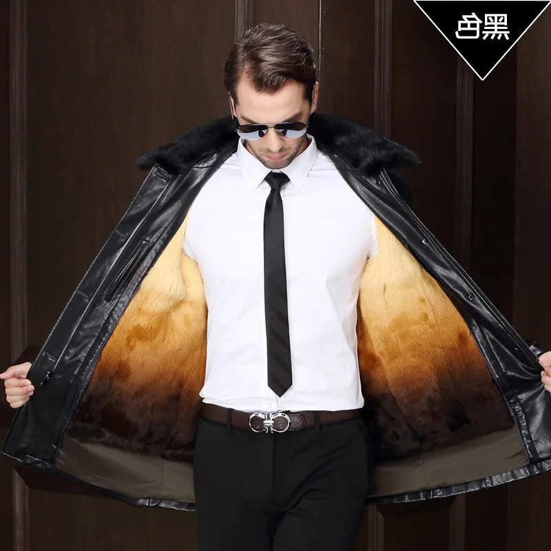 

2020 Men Thick Rex Rabbit Wool Liner Male Jacket Pure Mink Fur Collar PU Leather Jackets Plus Size HJ549