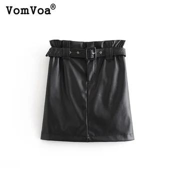 

VomVoa two-color winter women's skirt plus velvet PU leather sexy mini skirt pocket zipper bag hip high waist sexy skirts 1465