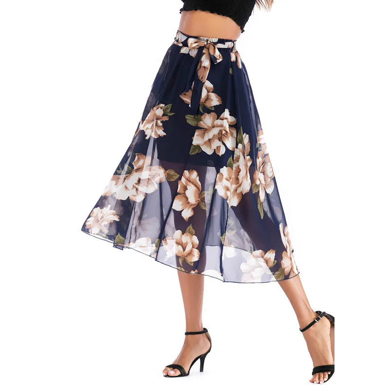 

Chiffon Skirts Women A-Line Skirt Femme midi skirts Casual Printed skirt Flower Printing skirts chiffon midi-calf skirts