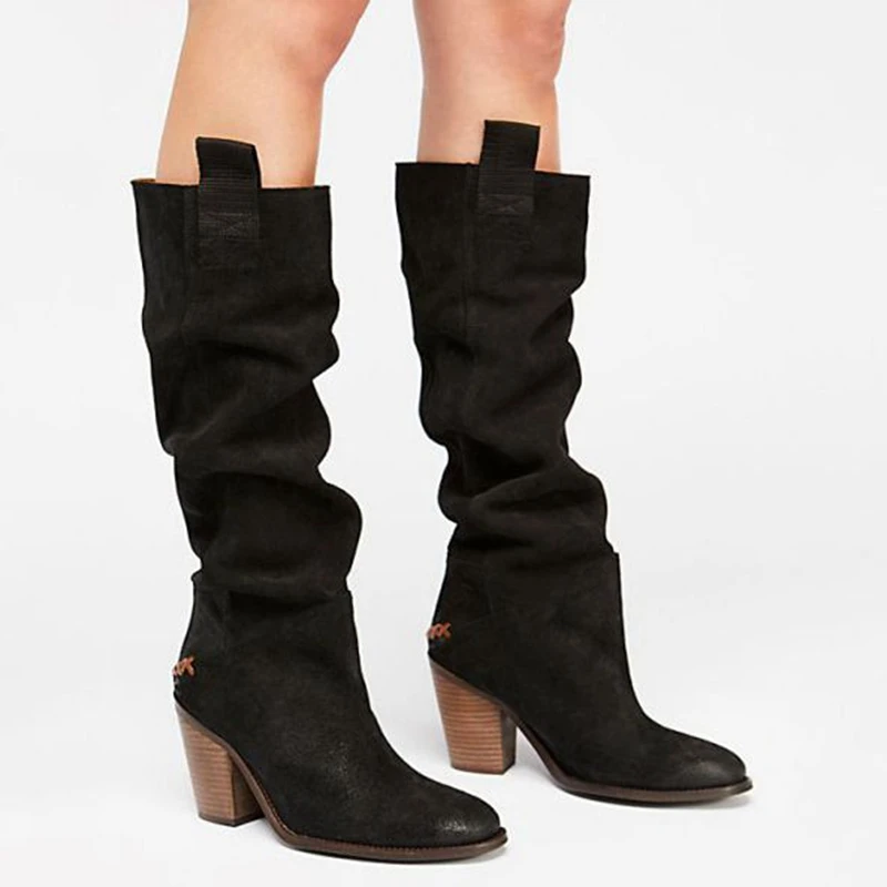 Heflashor/женские вечерние сапоги до середины икры с круглым носком; стильная обувь из флока на плоской подошве; зимние сапоги; Прямая поставка - Цвет: black