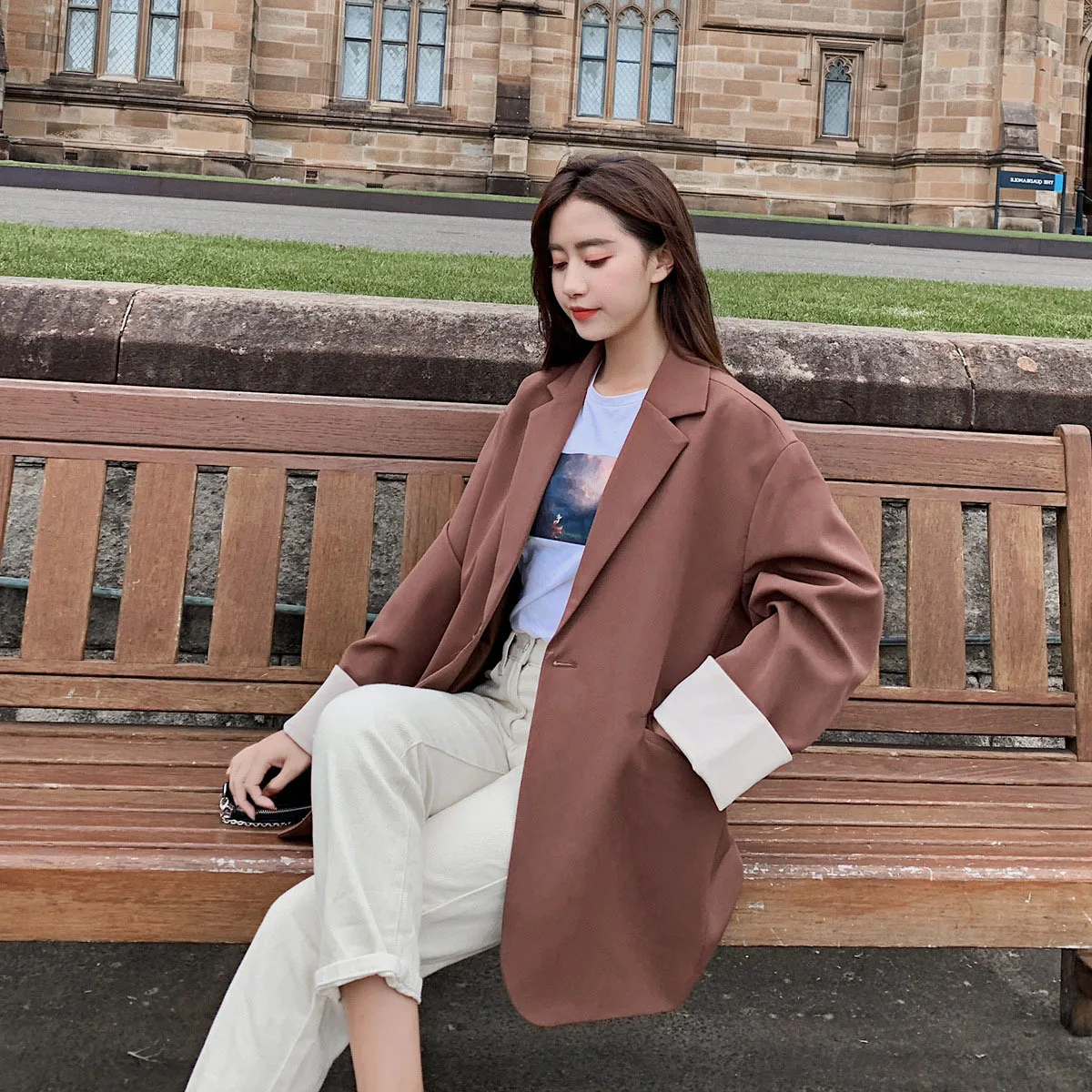 

2019 Spring Korean-style Retro Suit Women's CHIC Online Celebrity Revers Contrast Color Small Suit Coat Casual Students Loose-Fi