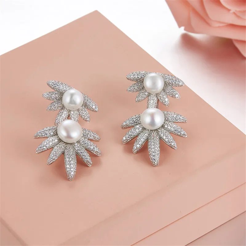 

Fashion brand replica jewelry Sunflower earrings with pearl 925 sterling silver cubic zirconia fancy earrings girl birthday gift