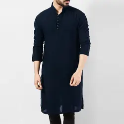 Повседневная мужская рубашка из хлопка с длинными рукавами и стоячим воротником, винтажная однотонная сшитая длинная рубашка, индийская