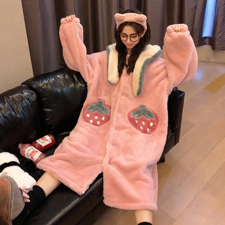 

Sweet Cute Nightgown Pajamas Women's 2019 Autumn And Winter New Style Korean-style Western Style Thick Plush Home Wear Women's R
