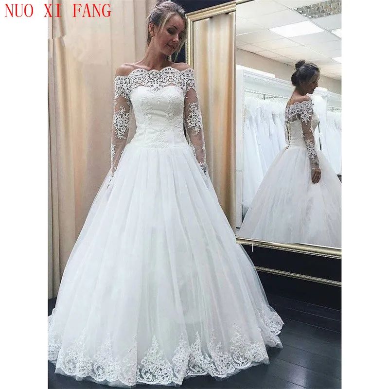 

Elegant Boat Neck Wedding Dresses Long Sleeves A Line robe de mariee Floor Length Bridal Dress Lace Appliques Vestidos De Noiva