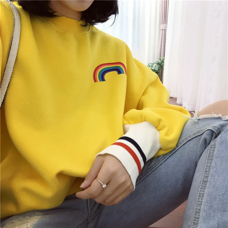 

New Korean warm fun casual personality long length O-Neck BF Tops yellow rainbow print winter kawaii women's sweatshirt Harajuku
