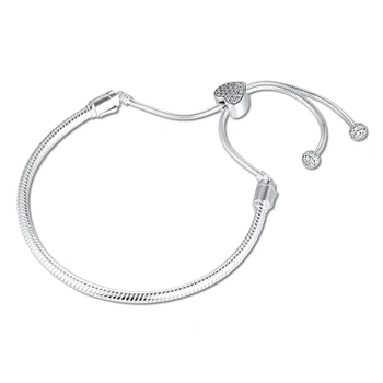 

QANDOCCI Moments Bracelet femme 925 Sterling Silver Pave Heart Clasp Snake Chain Slider Charm Bracelets for Women DIY Jewelry