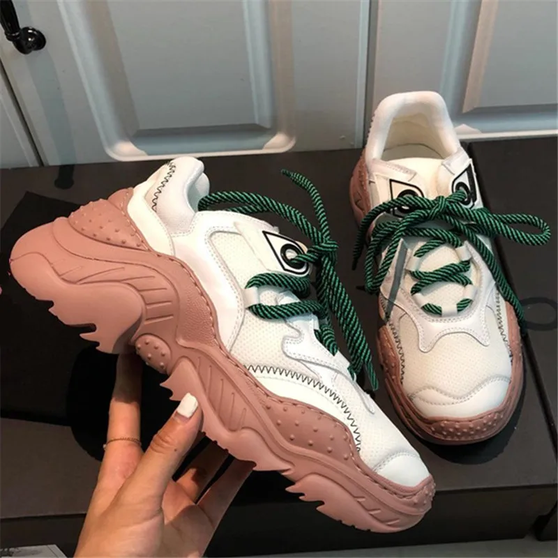Ботинки с массивным каблуком женская обувь на платформе смешанные цвета Zapatos De Mujer кроссовки на плоской подошве со шнуровкой женский спортивный для бега обувь для папы Новинка