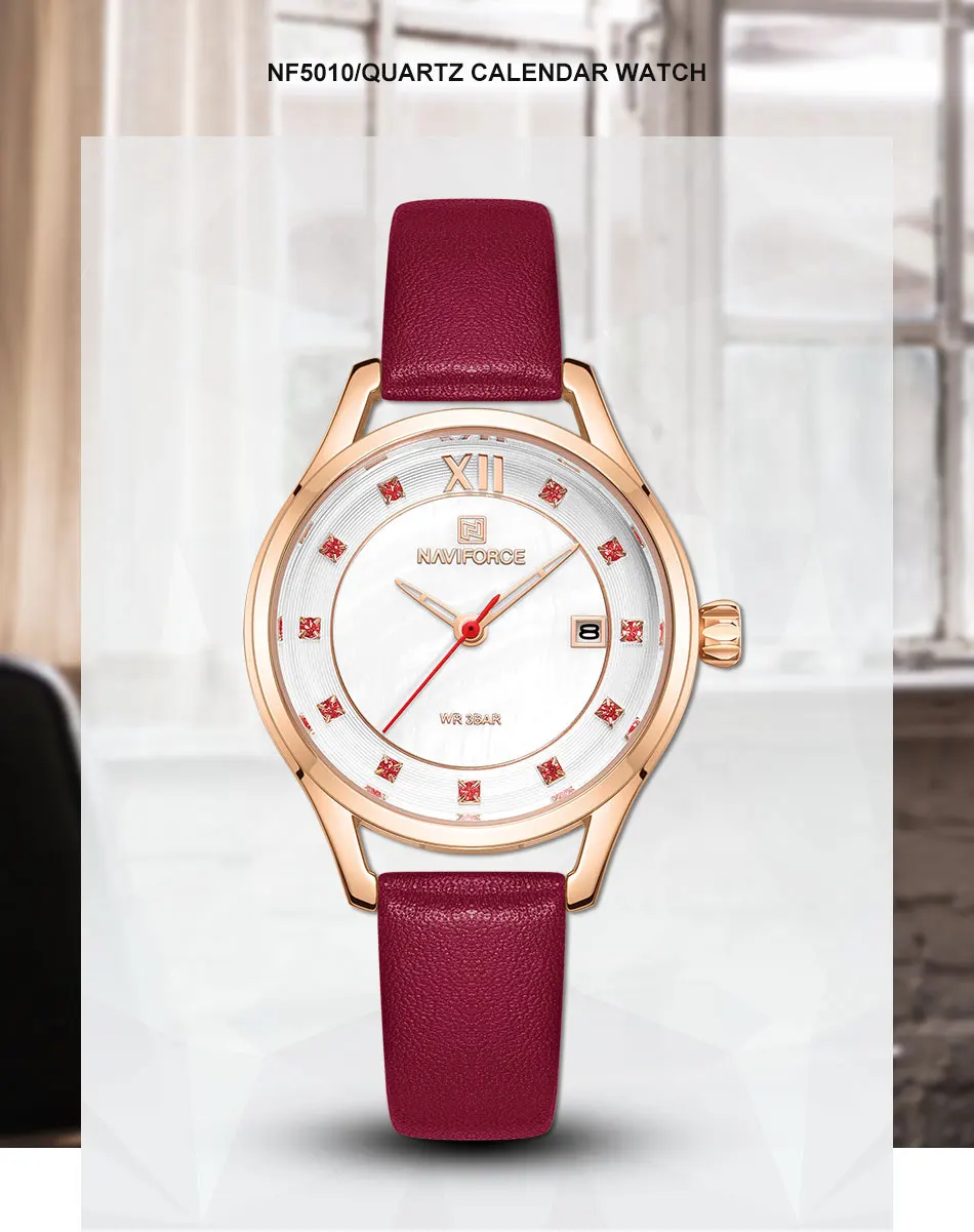NAVIFORCE женские модные красные кожаные кварцевые часы, Дамский ремешок для часов, высокое качество, повседневные водонепроницаемые наручные часы, подарок для жены