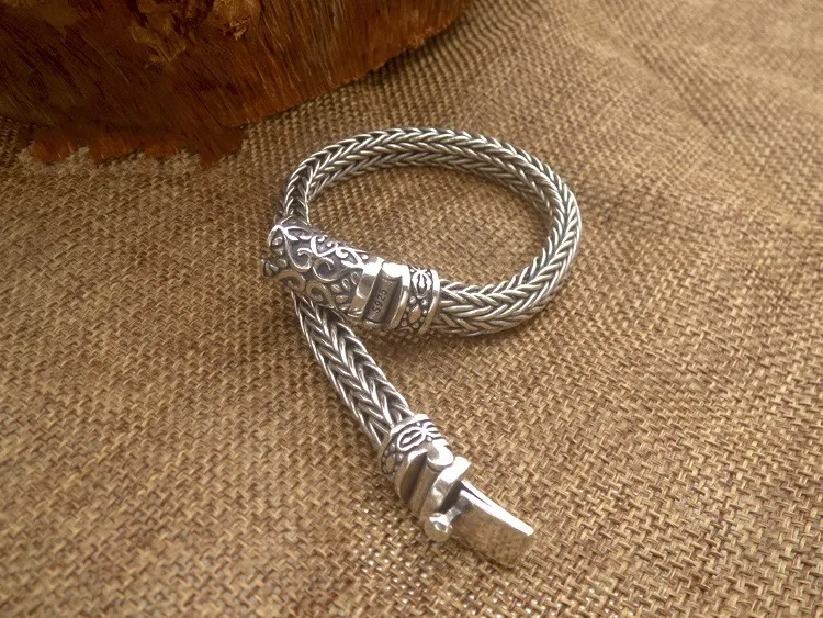 S925 Silver Pure Hand Woven 8mm Bracelet for Men Thai Silver Vintage Old 925 Sterling Silver Men Bracelet