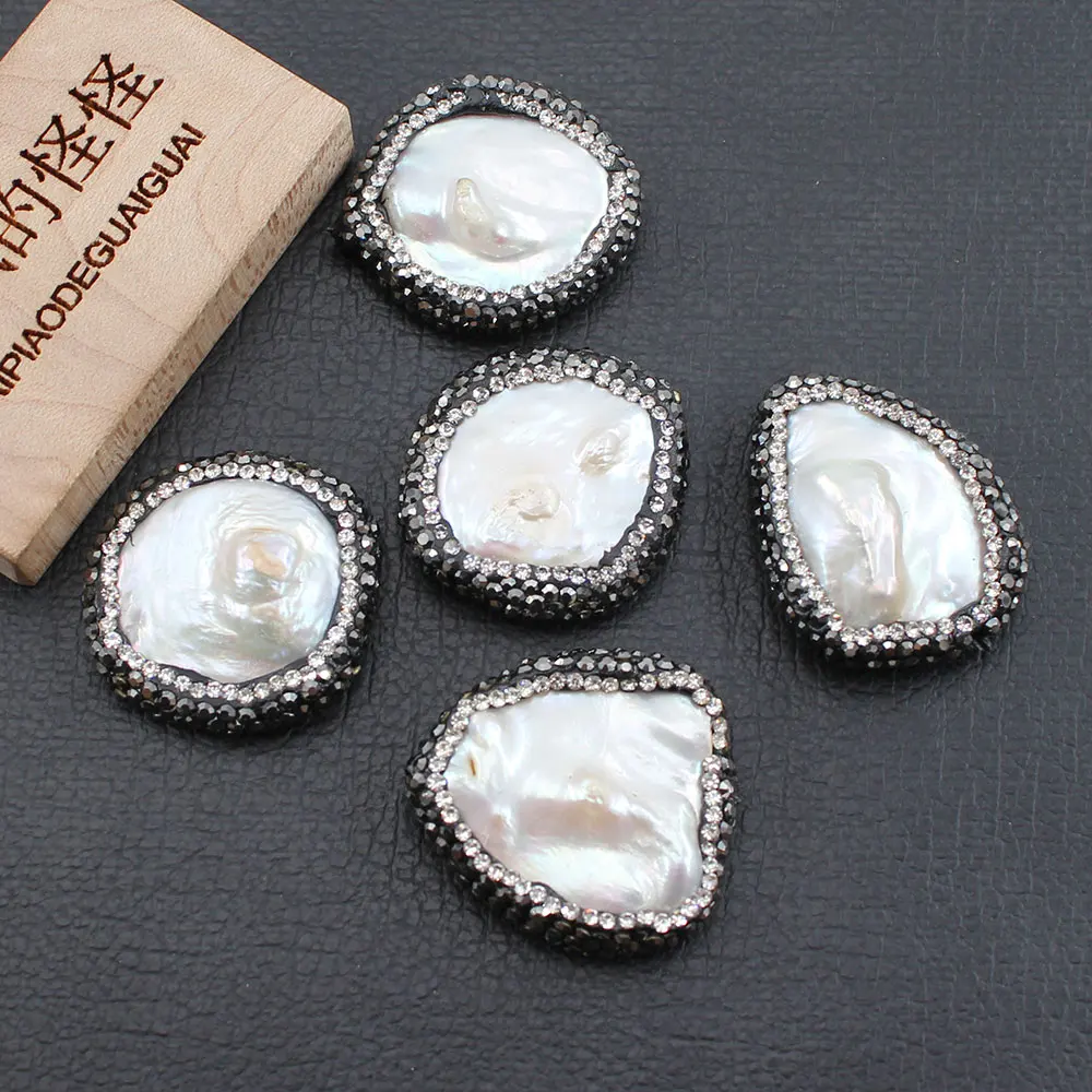 APDGG Wholesale 5PCS Freshwater Cultured White Coin Keshi Pearl CZ Paved Beads Findings Loose Beads For Women Necklace DIY