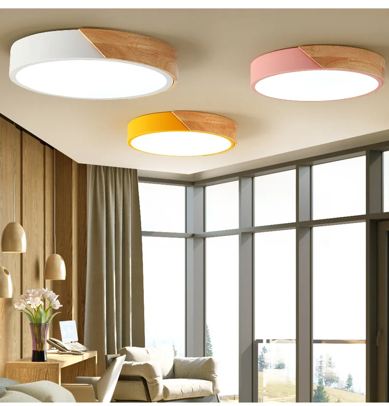 

LED Wood Circular Simple Ceiling Light Nordic style Macaron lamp Home Living Room Bedroom Restaurant Aisle Corridor