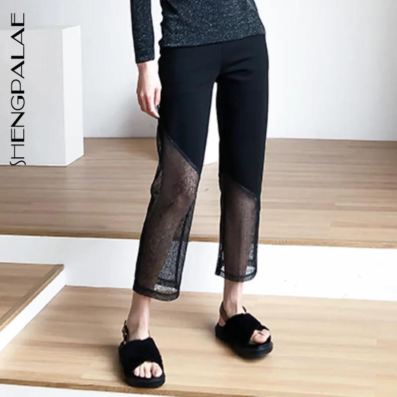 

SHENGPALAE 2020 New High Quality Patchwork Lace Straight Pants Women High Waist Oblique Side Hollow Perspective Trousers QJ520