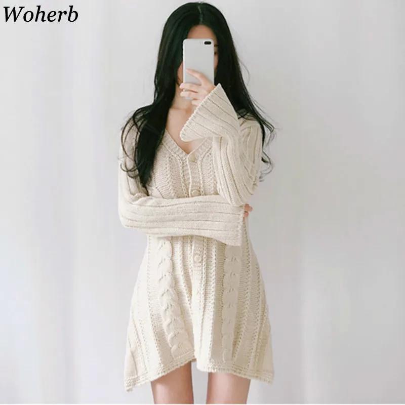 Woherb винтажное платье свитер с v образным вырезом расклешенное длинным рукавом